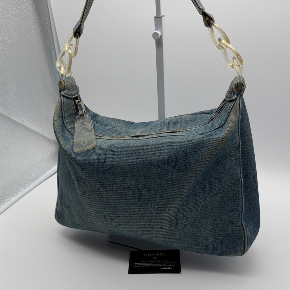 Chanel 2002-2003 blue denim CC printed hobo bag with clear acrylic hardware
